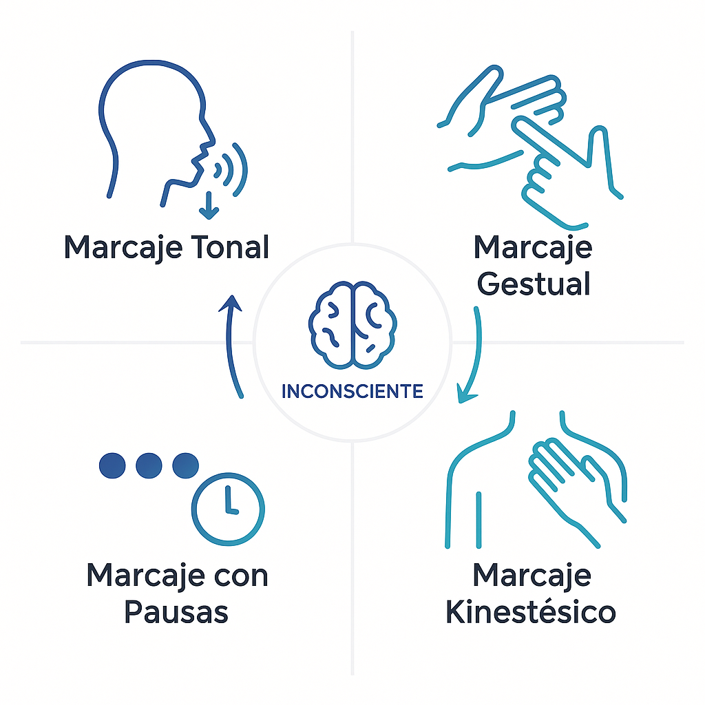 Infografía de tipos de marcaje analógico en PNL: tonal, gestual, pausas y kinestésico