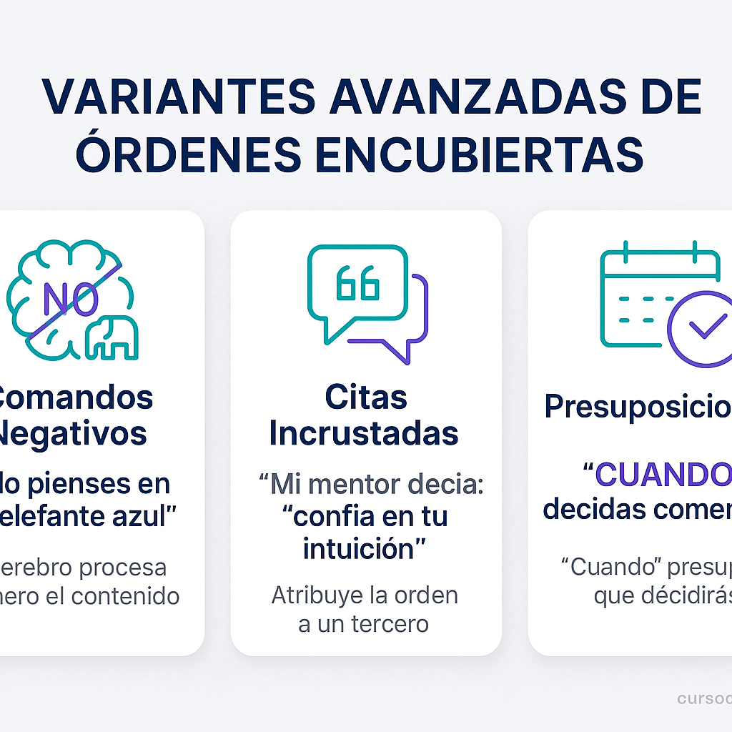 Tres variantes avanzadas de órdenes encubiertas: comandos negativos, citas incrustadas y presuposiciones