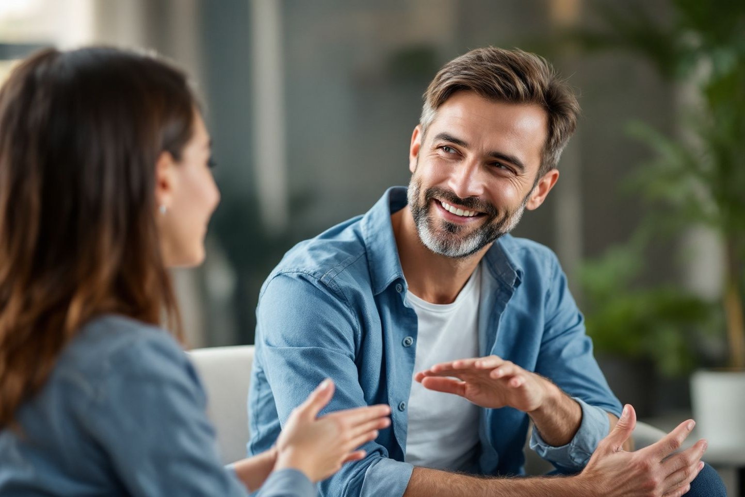 Sesión de coaching donde una persona ancla un estado de recurso en otra con un gesto consentido